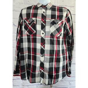 Eighty Eight Red Black White Plaid Roll Tab Sleeves Button Up Men's Shirt Medium